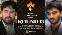 Thumbnail for FIDE Candidates 2024 Rd 13 | Hikaru, Gukesh or Ian? Who'll Survive The Pressure On Penultimate Day? | chess24