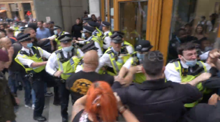 Thumbnail for Batons out: Clashes in London as protesters demonstrate against vaccine passports - bong zogbots use batons against Britains protesting the jewish tyranny. 